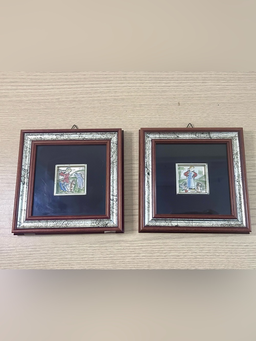 Vintage Italian Pure Silver Plaque Framed Wall Art Set Hummel Style Pastoral